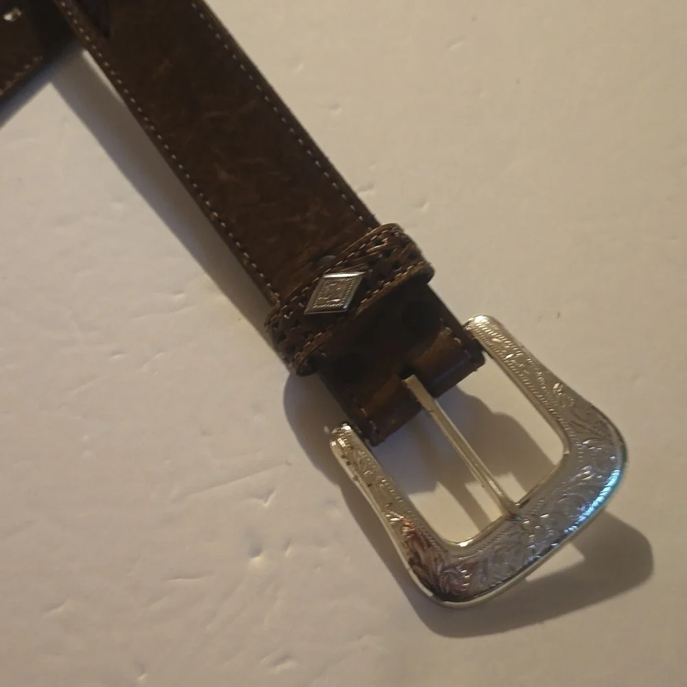 Vintage Western Belt Brown Top Grain Leather Woven detail Silver emblem Sz.L